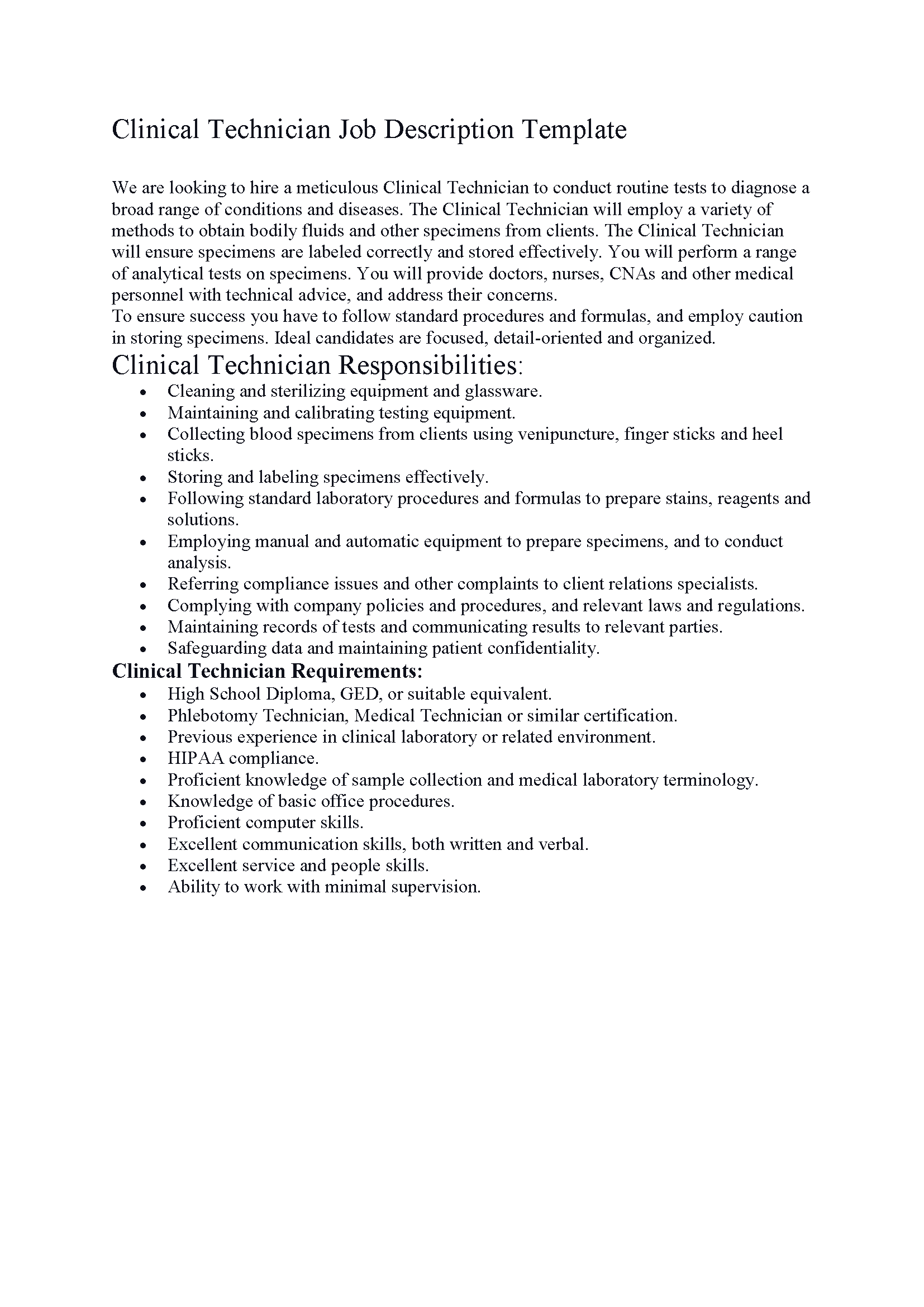 Clinical Technician Job Description Template